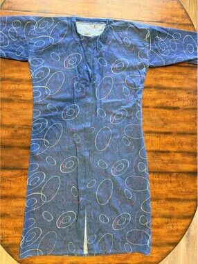Vintage Handmade Blue Denim Abstract Circle Print Snap Front House Dress XXL